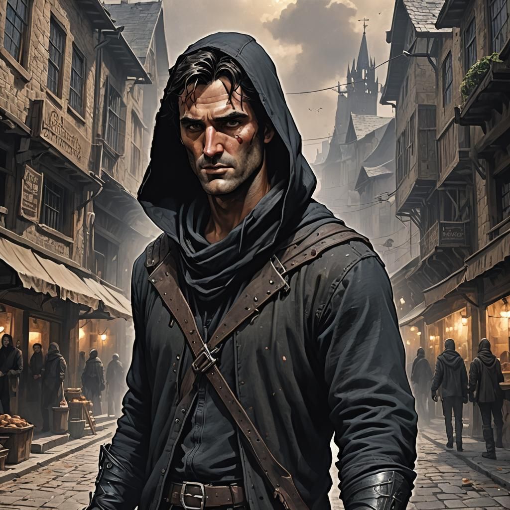Medieval Thief in Shadows of Market