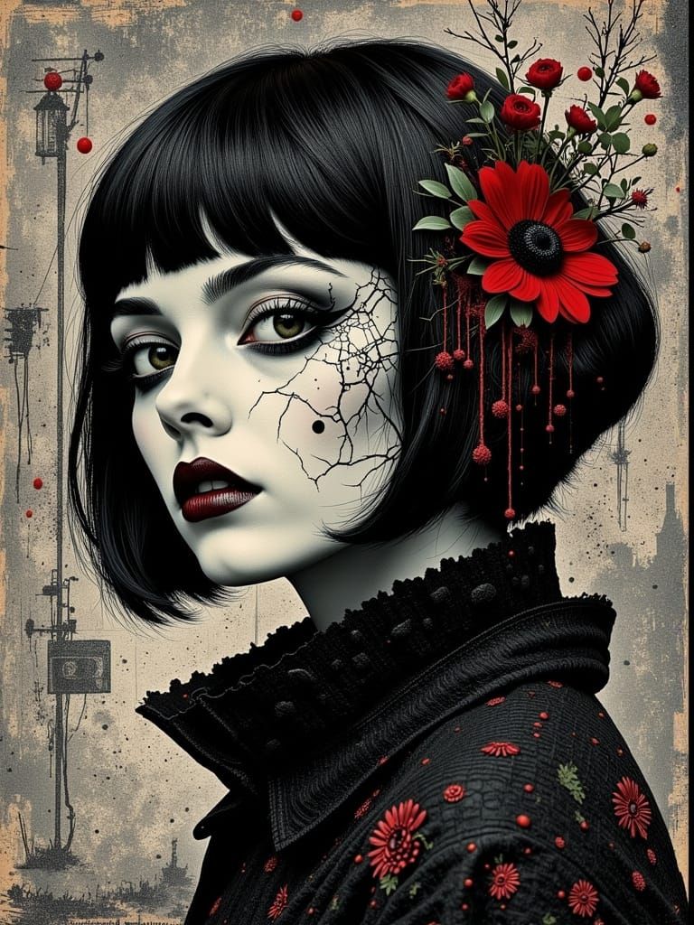 Gothic Portrait of Woman with Cracked Porcelain Skin