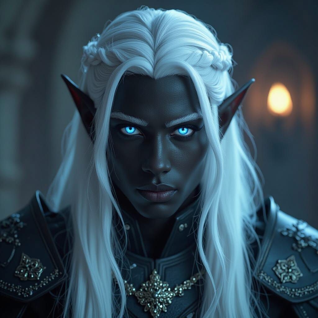 Heroic Black Elf with White Hair and Blue Eyes