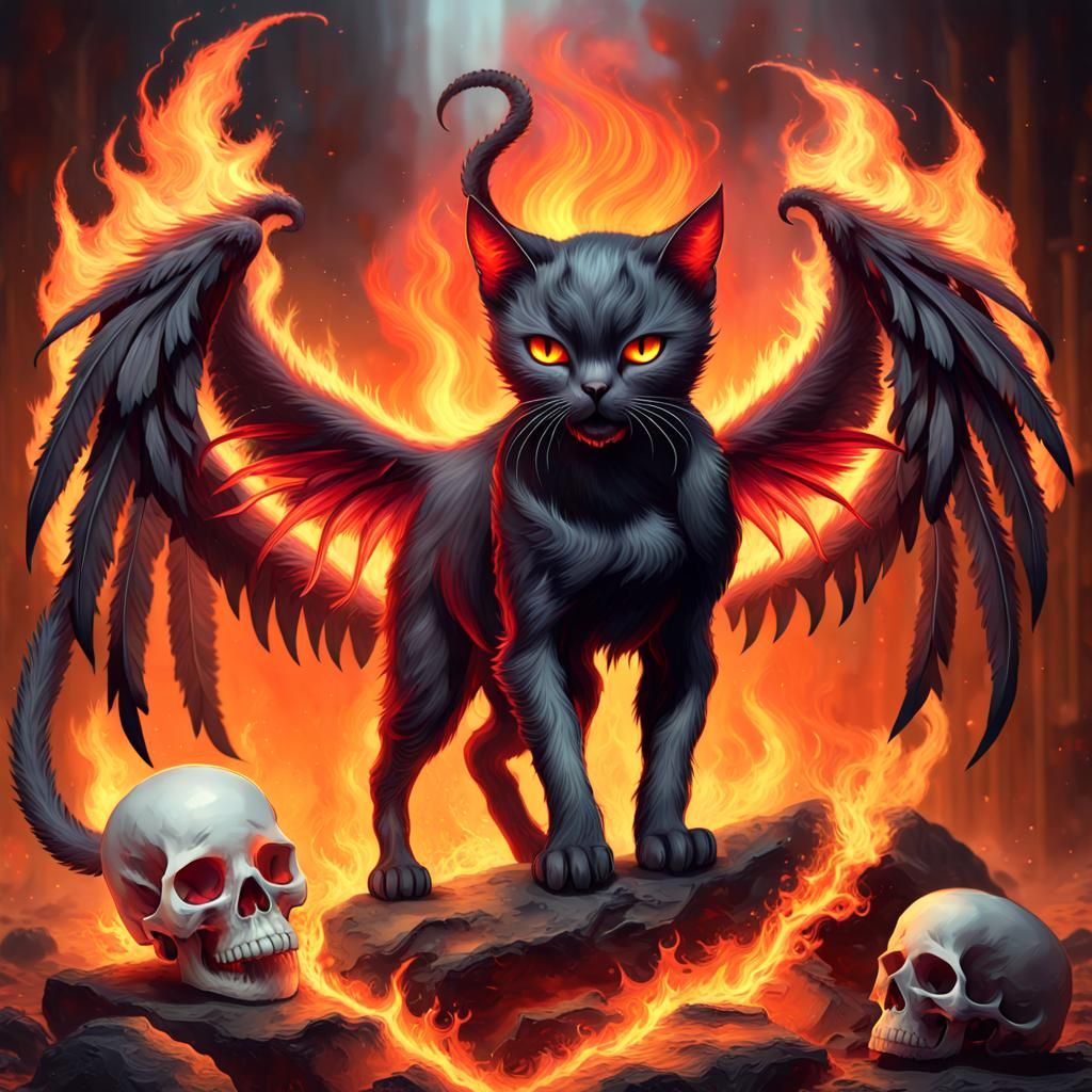 Fiery Demon Cat with Skull in Digital Art
