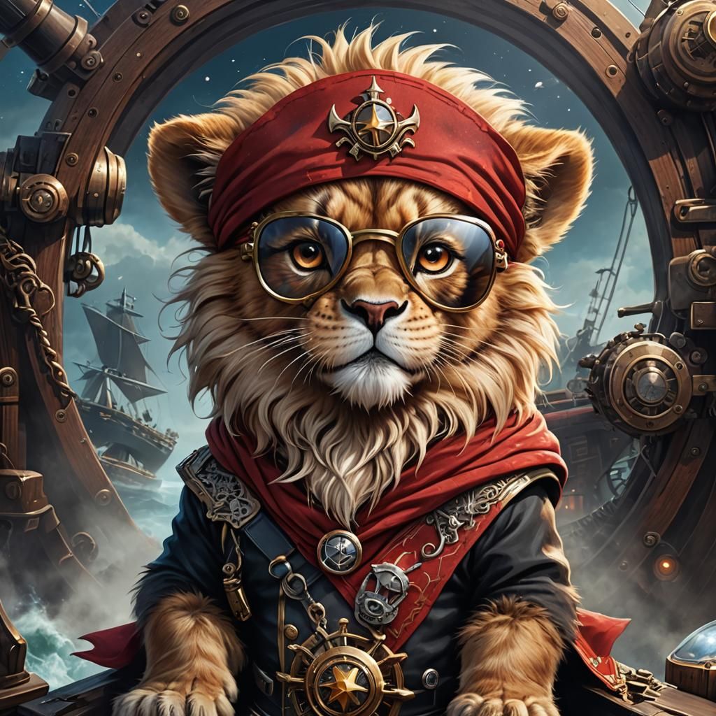 Cute Pirate Lion Cub in Sci-Fi Style