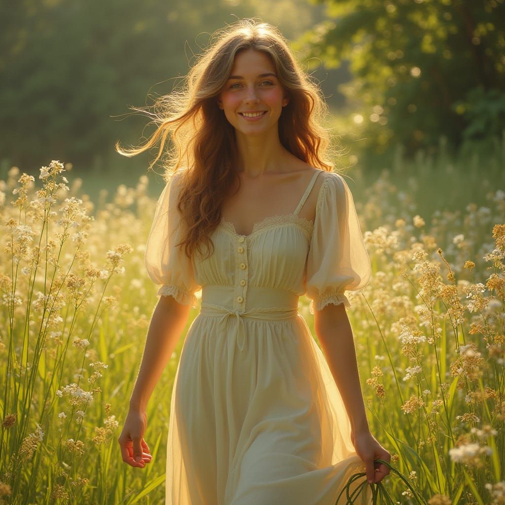 Young Woman in Sunlit Meadow, Pre-Raphaelite Style