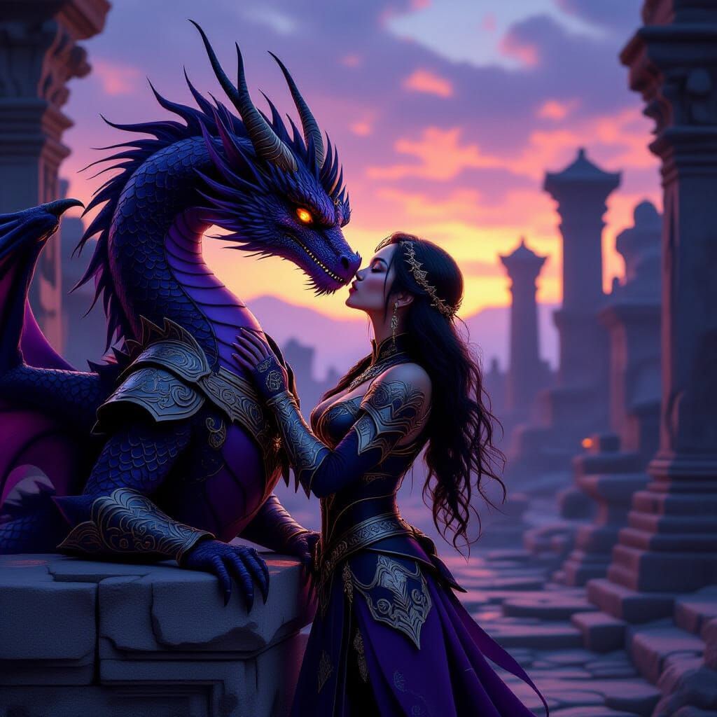 Fantasy Armor Woman Kisses Dragon Amidst Ruins