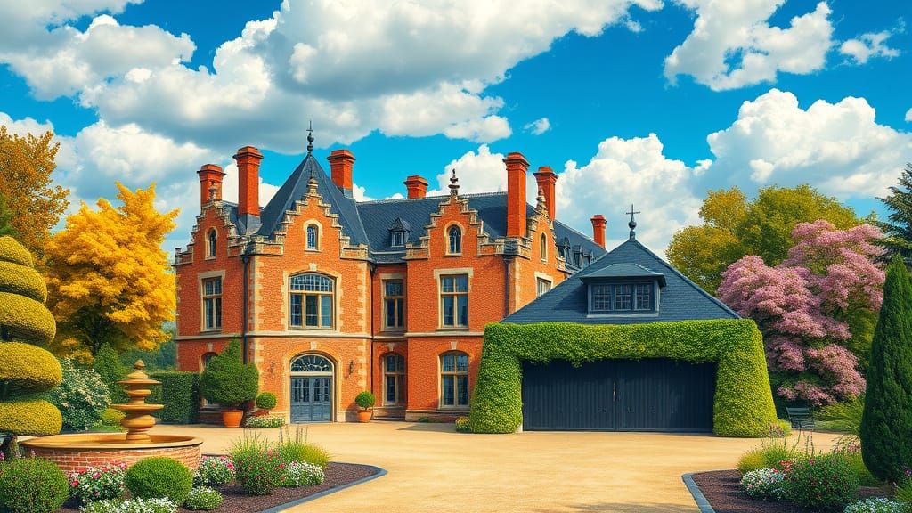Grand Brick Chateau with Vibrant Garden in Painterly Style