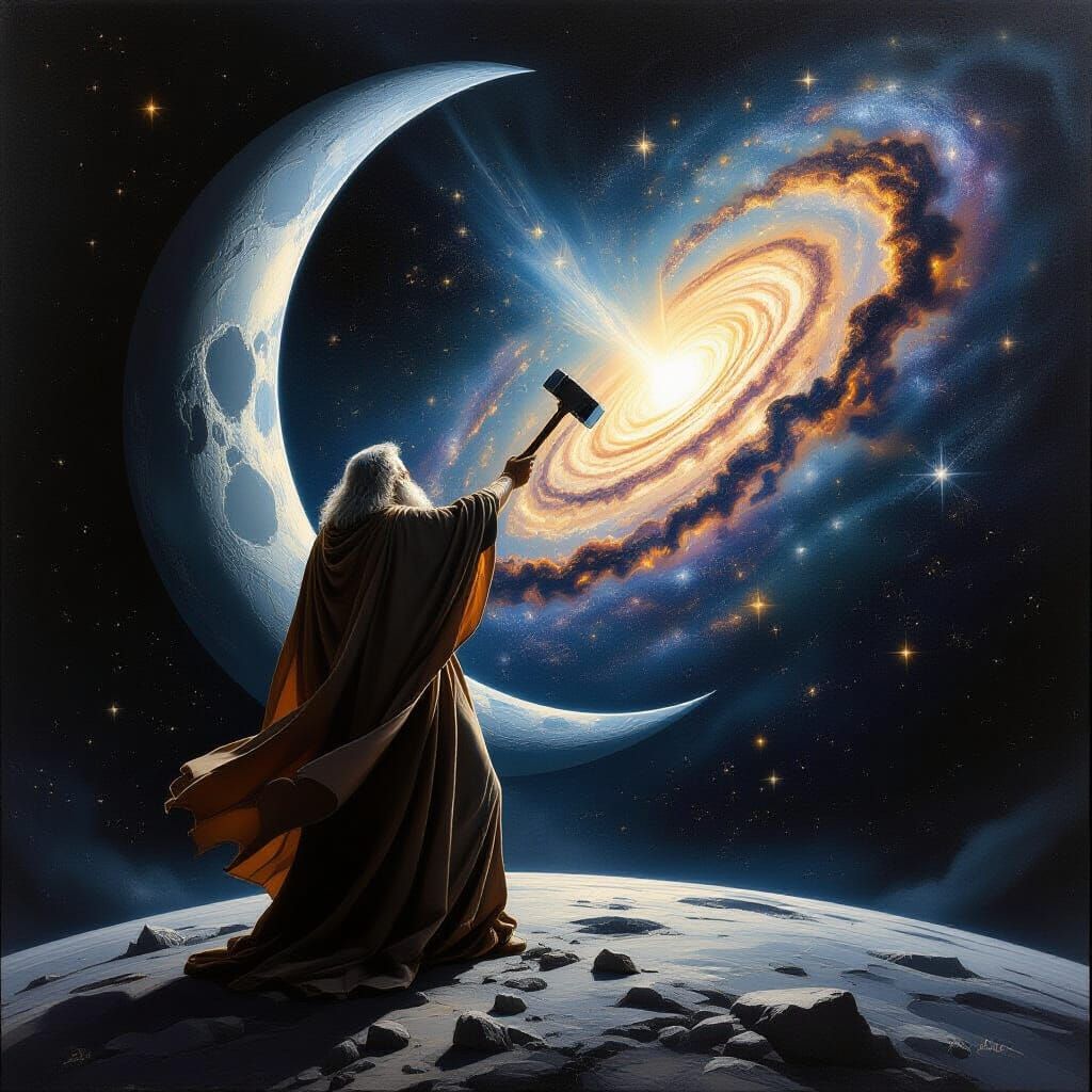 Cosmic Artist Carving Milky Way on Moon in Renaissance Style