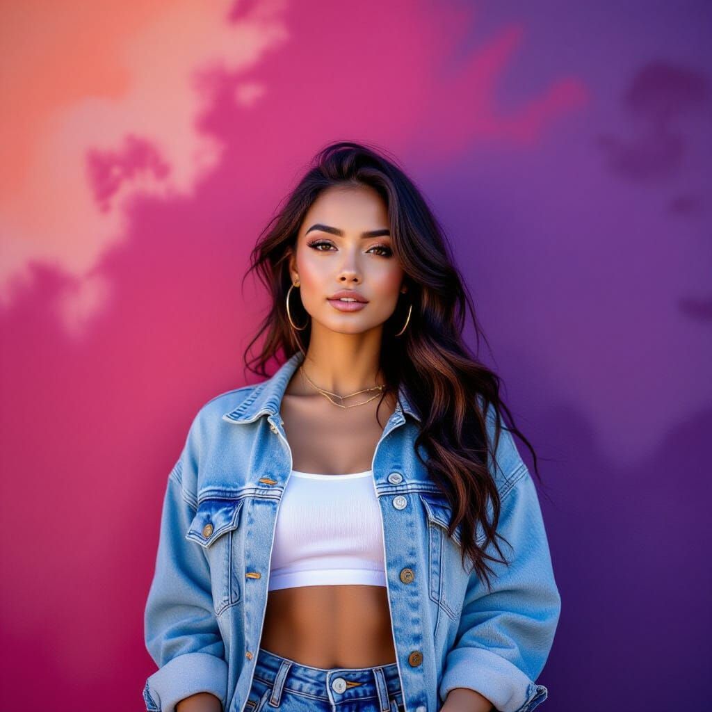 Hip Hop Woman Posing Before Gradient Texture Wall