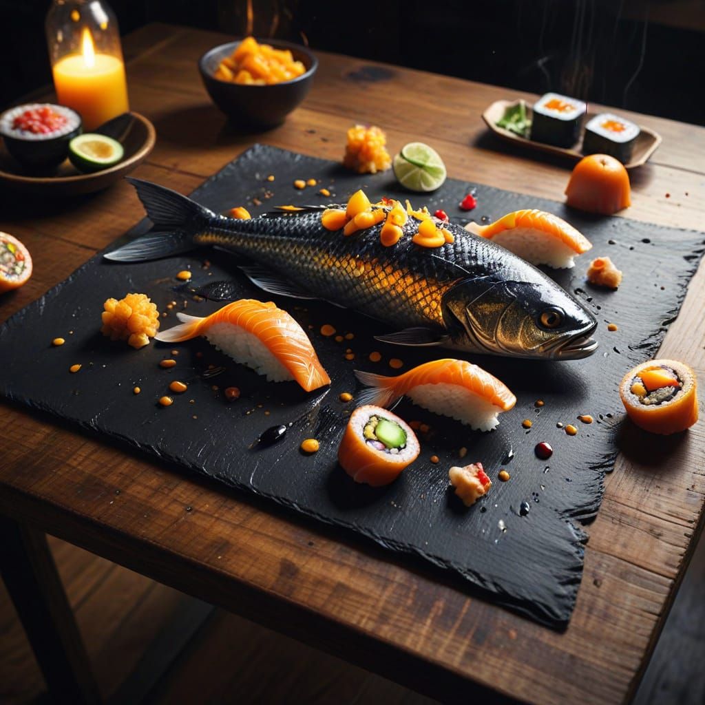 Hyperdetailed Charcoal Drawing of Levitating Sushi