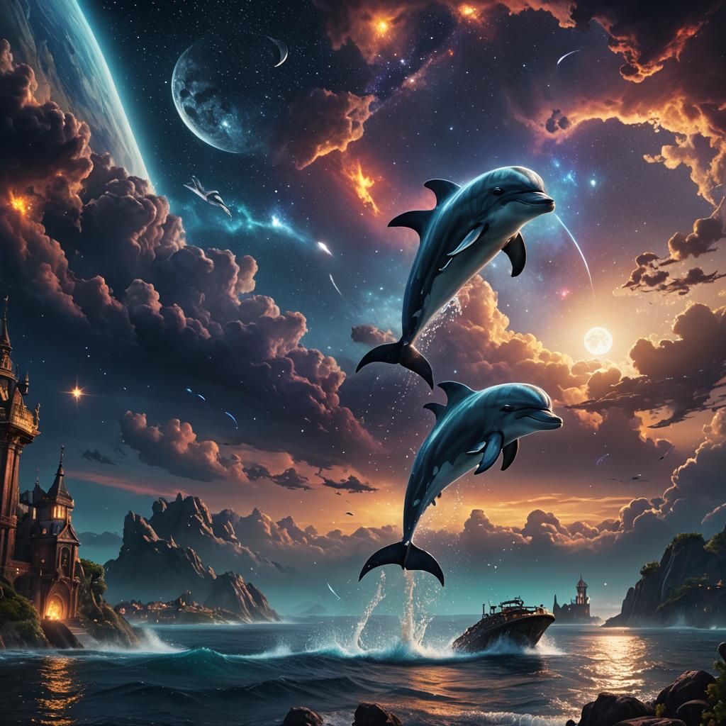 Dolphin Soaring Through Night Sky, Digital Art