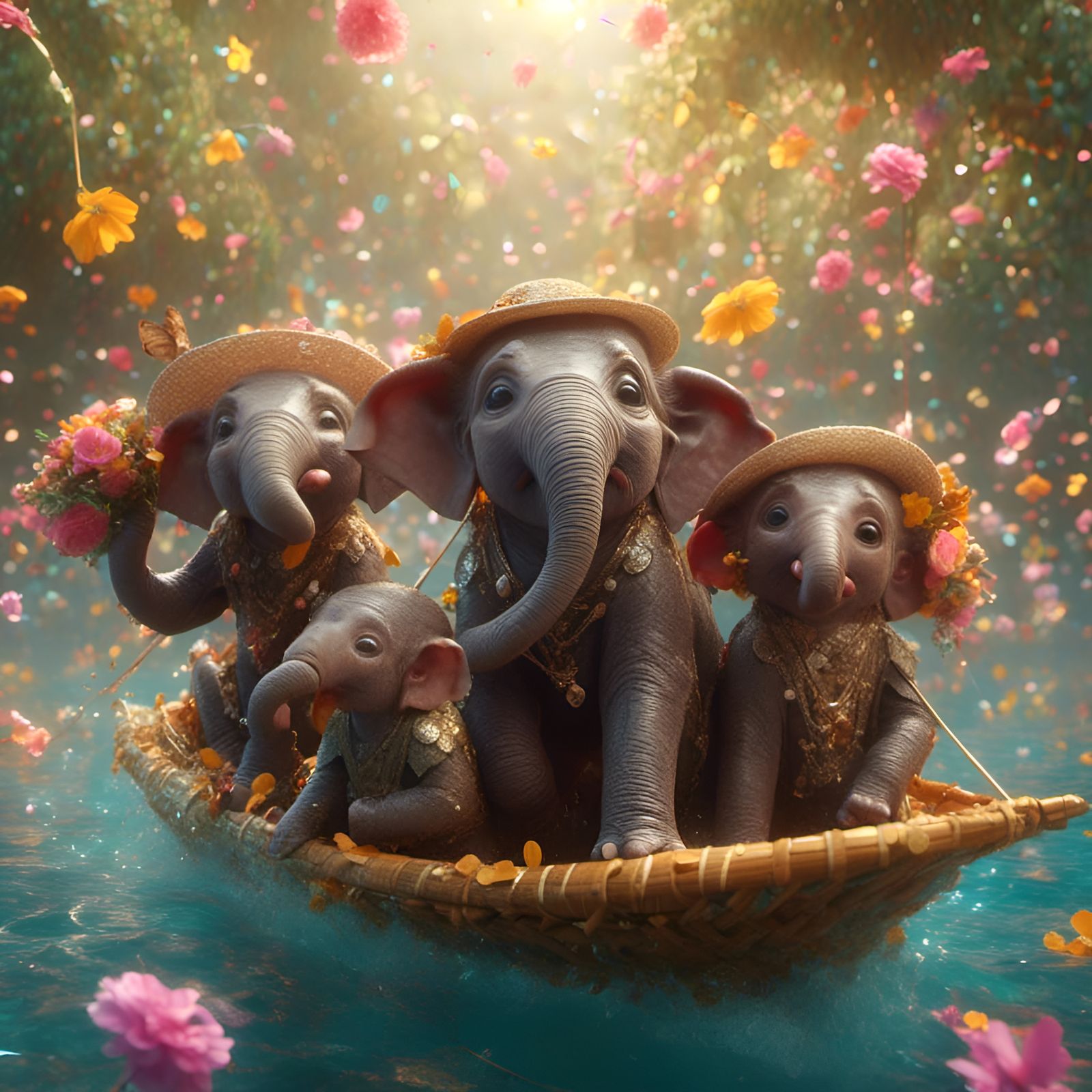 Monkeys Ride Elephants in a Colorful Landscape