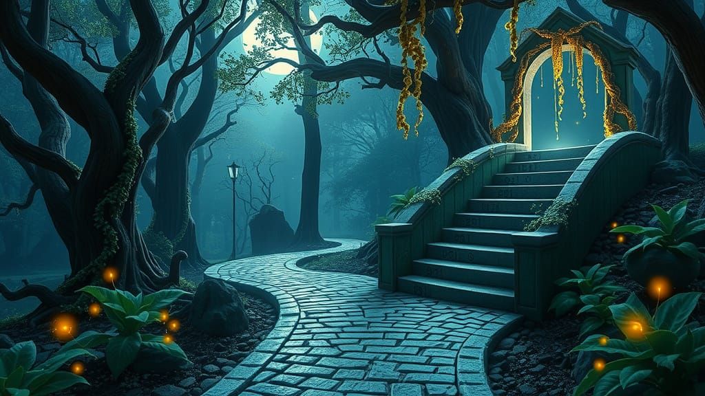Surreal Forest Pathway Beckons to Mystical Realms Beyond