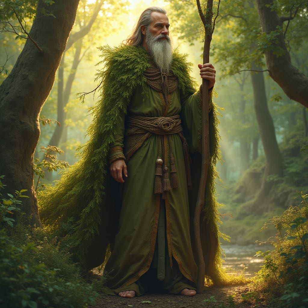 Mystical Druid in Earthy Robes Stands in Vibrant Forest