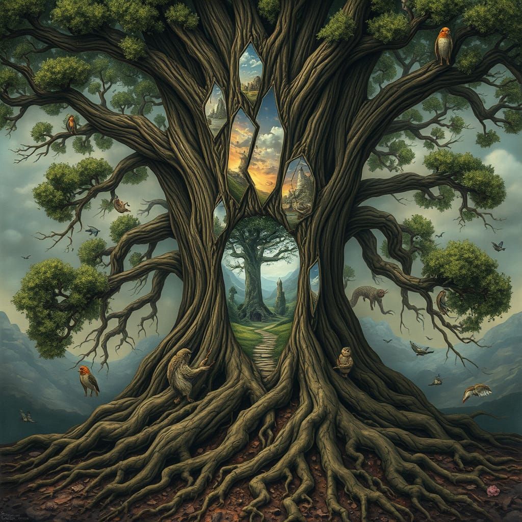Surreal Tree Portal to Fantastical Worlds in Whimsical, Drea...