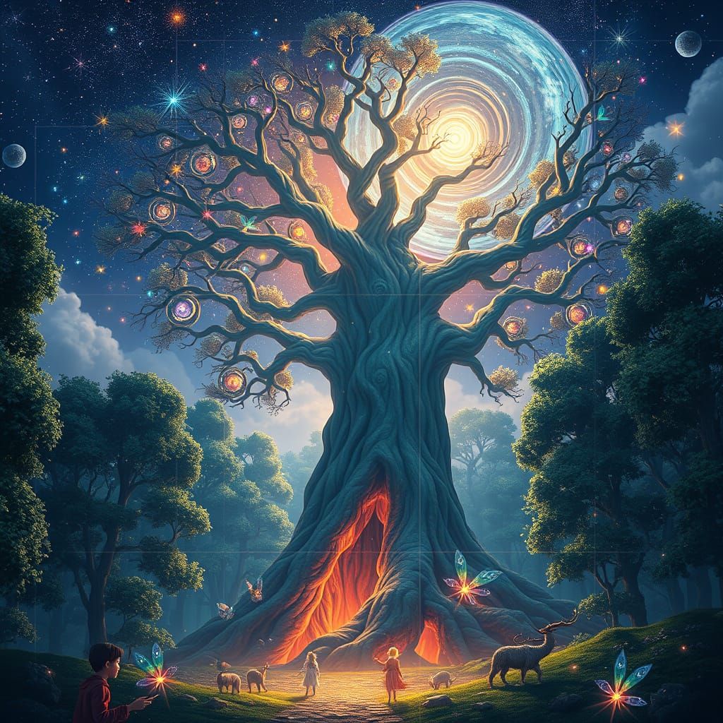 Sentient Cosmic Tree in Enchanted Forest