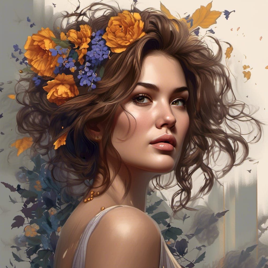 Hand-Drawn Woman with Flowers in Hair