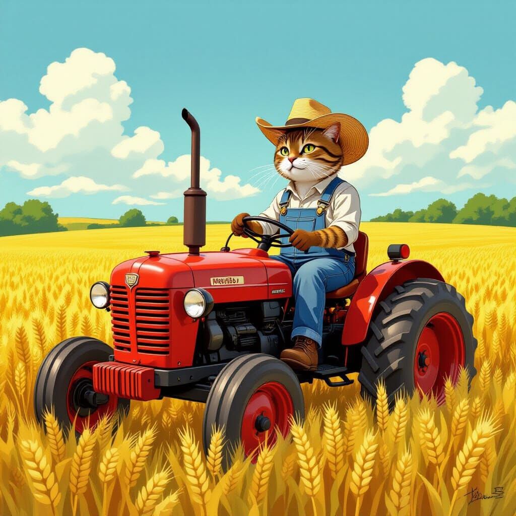 Farmer Cat Drives Tractor in Comic Book Art Style