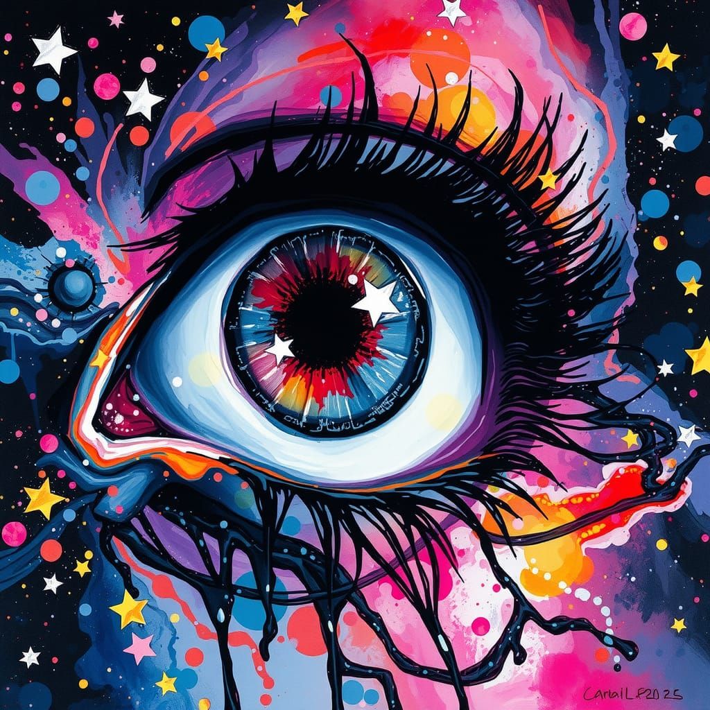 Ethereal Eye Filled with Stars in Watercolor Style