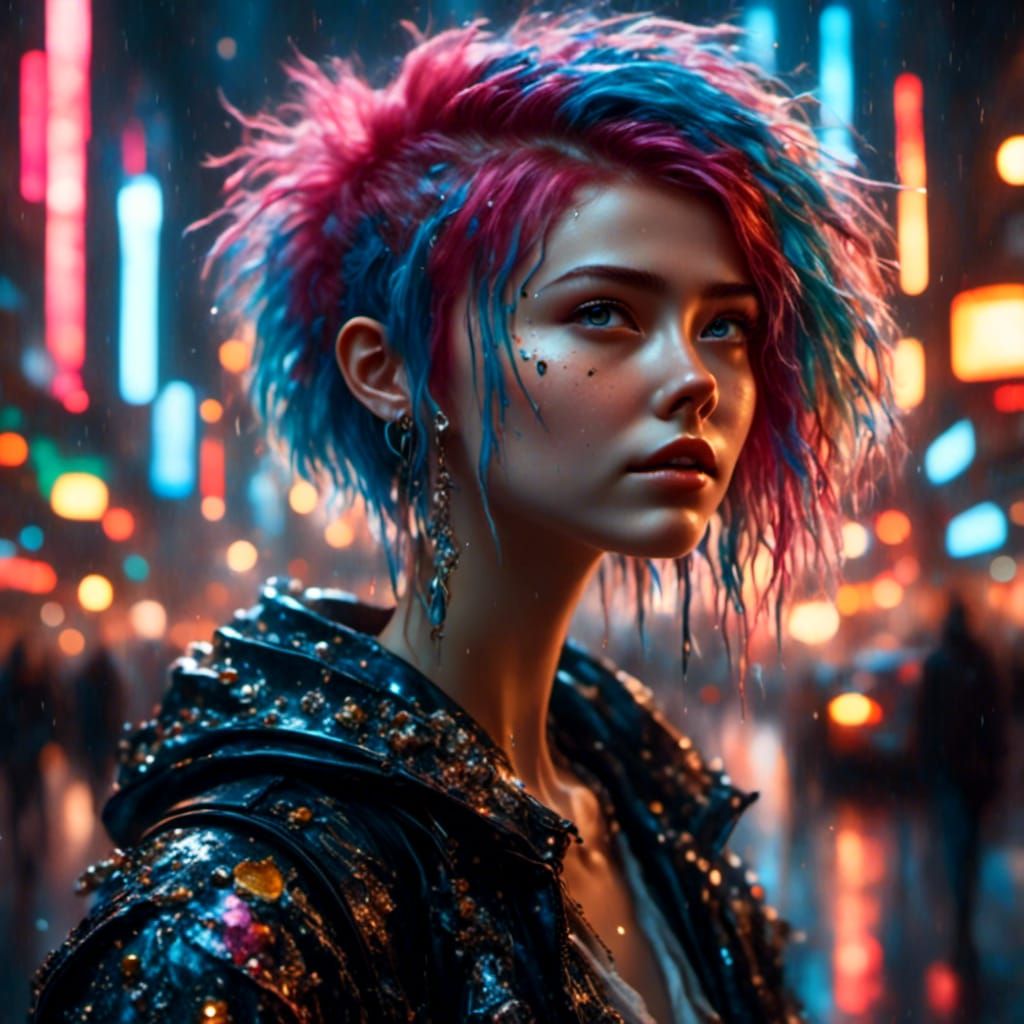 Punk Woman in City Street, Cyberpunk Art