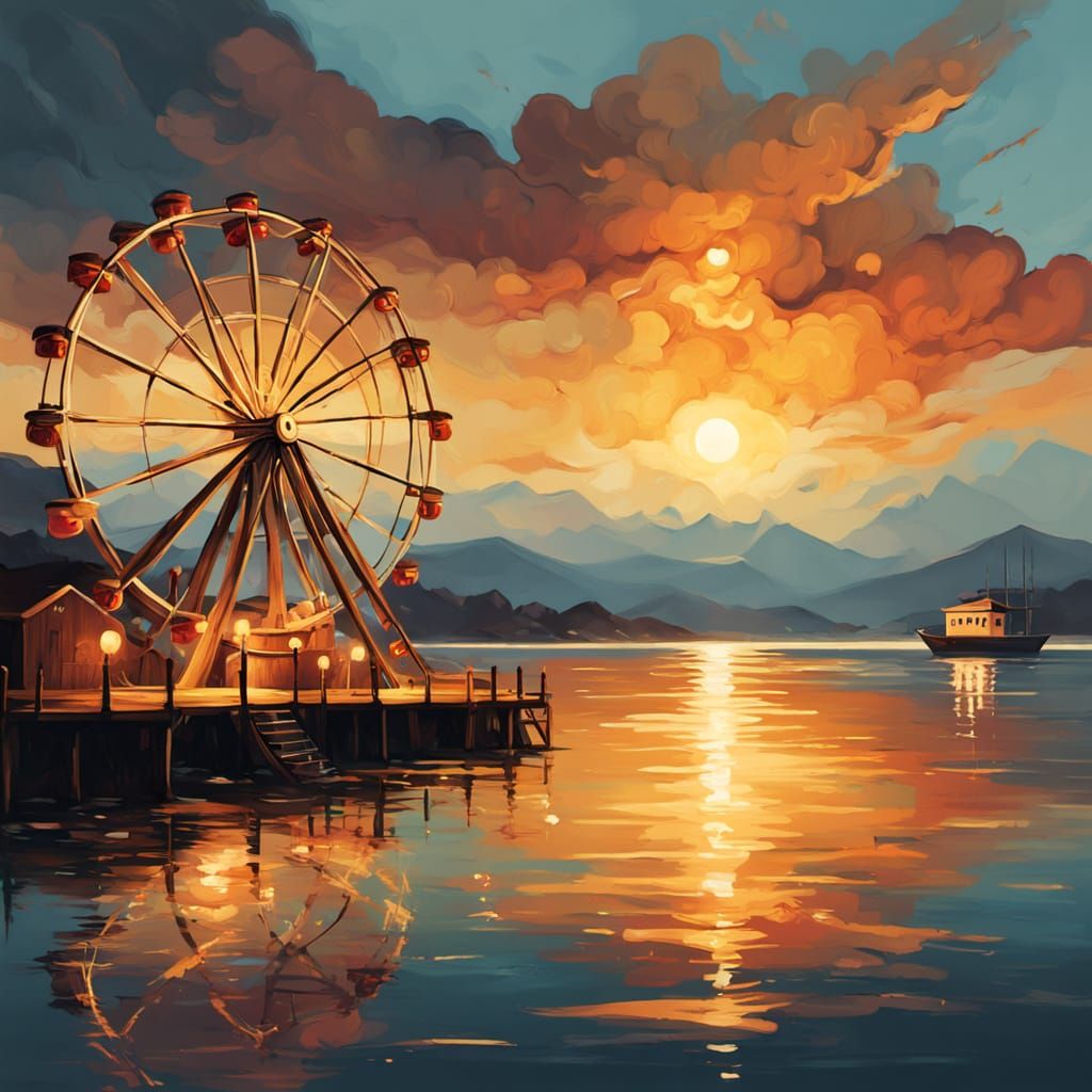Peaceful Waterfront Ferris Wheel in Oil Painting Style