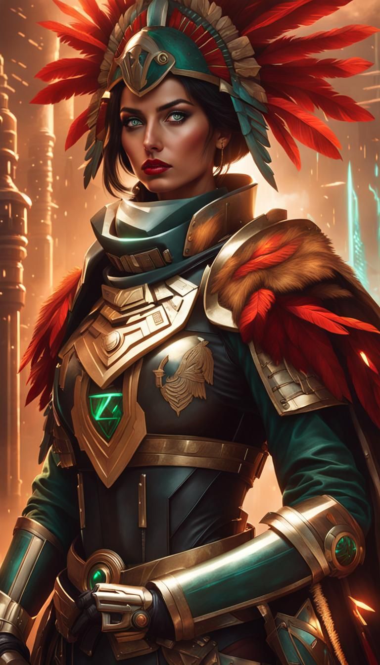 Woman in Cybernetic Armor with Aztec Headdress
