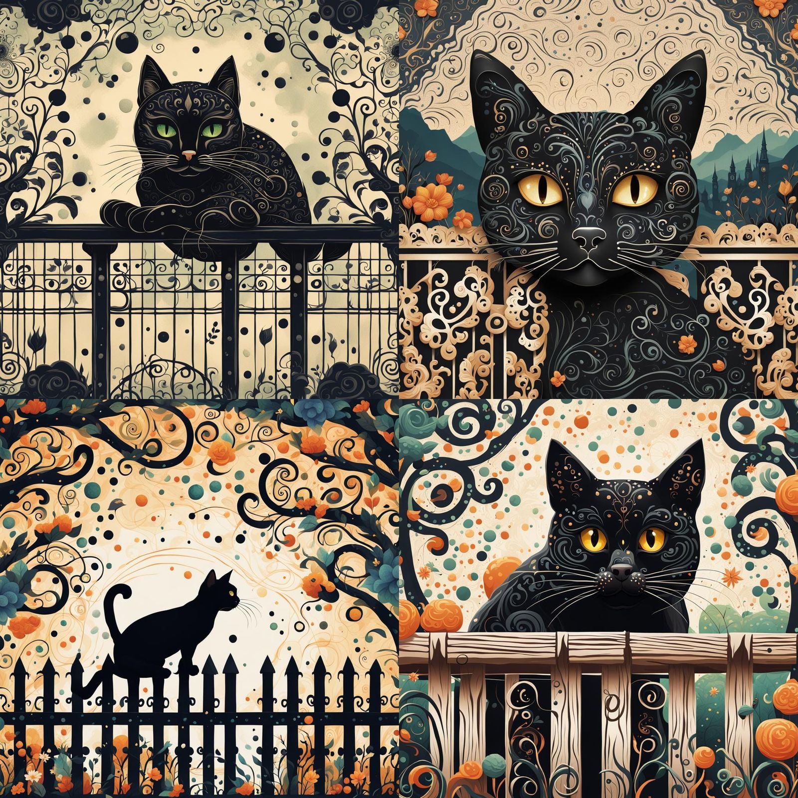 Whimsical Folk Art Black Cat Illustration