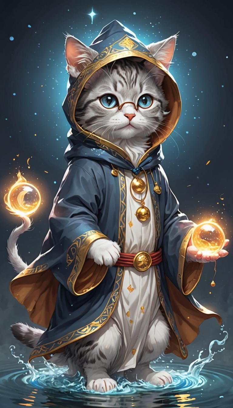 Kitten Wizard Casting Growth Spell on Salmon