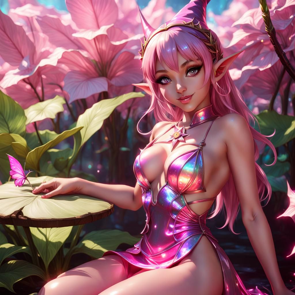 Happy Pink Elf in Detailed Dark Fantasy Style