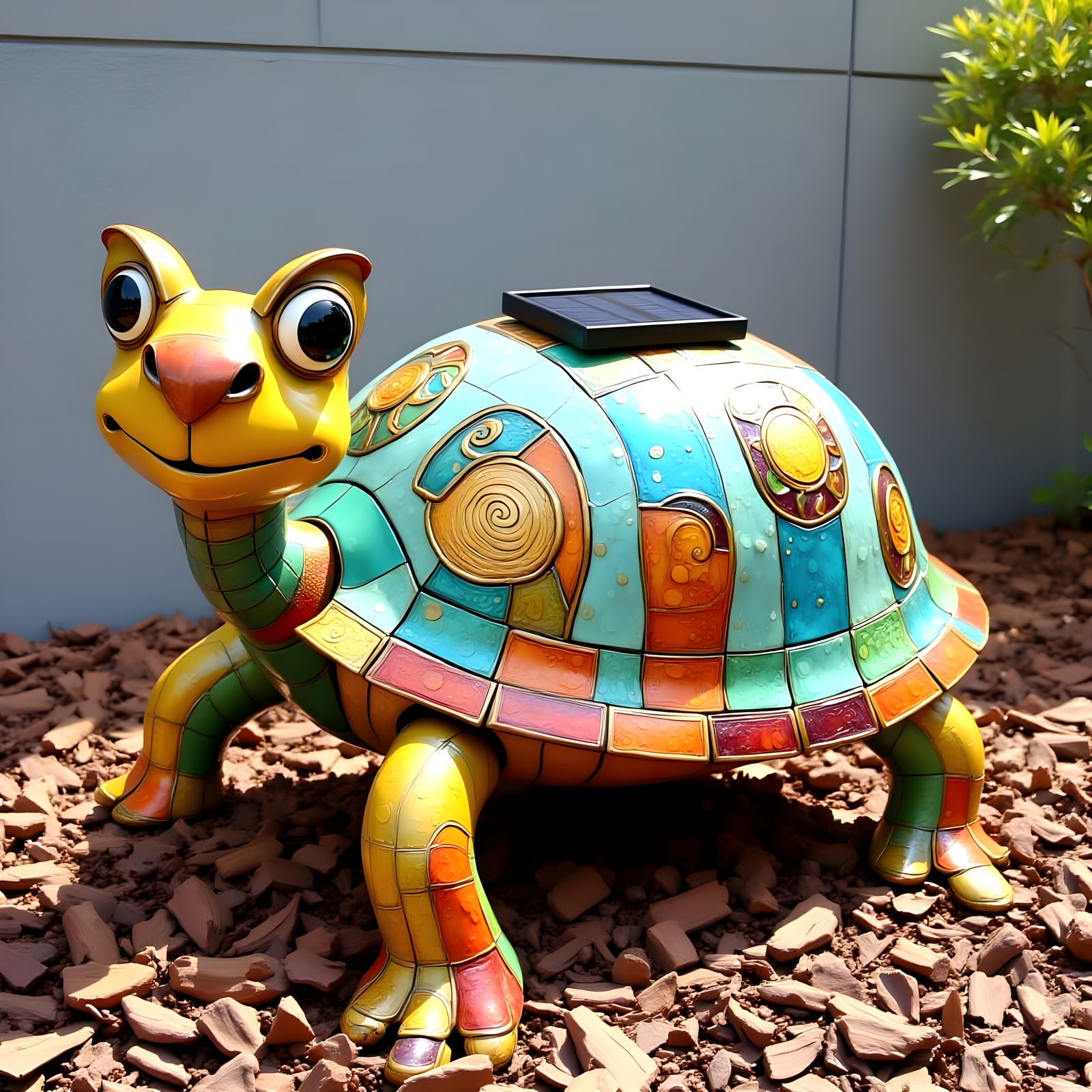 Vibrant Metal Turtle Sculpture in Whimsical Garden Setting