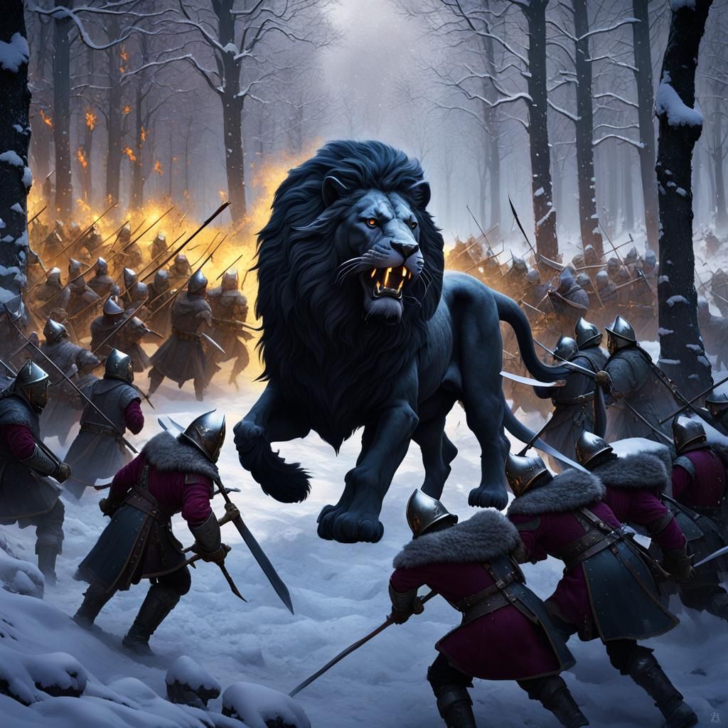 Black Lion Battles Soldiers in Snowy Woods