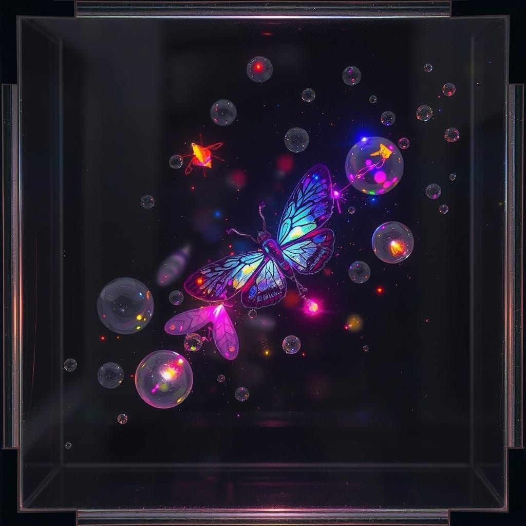 Surreal Scene of Glowing Glass Bubbles in a Monore Frame