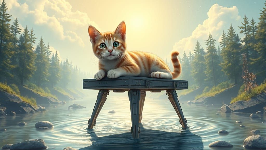 Cosmic Cat Meditates on Riverbank