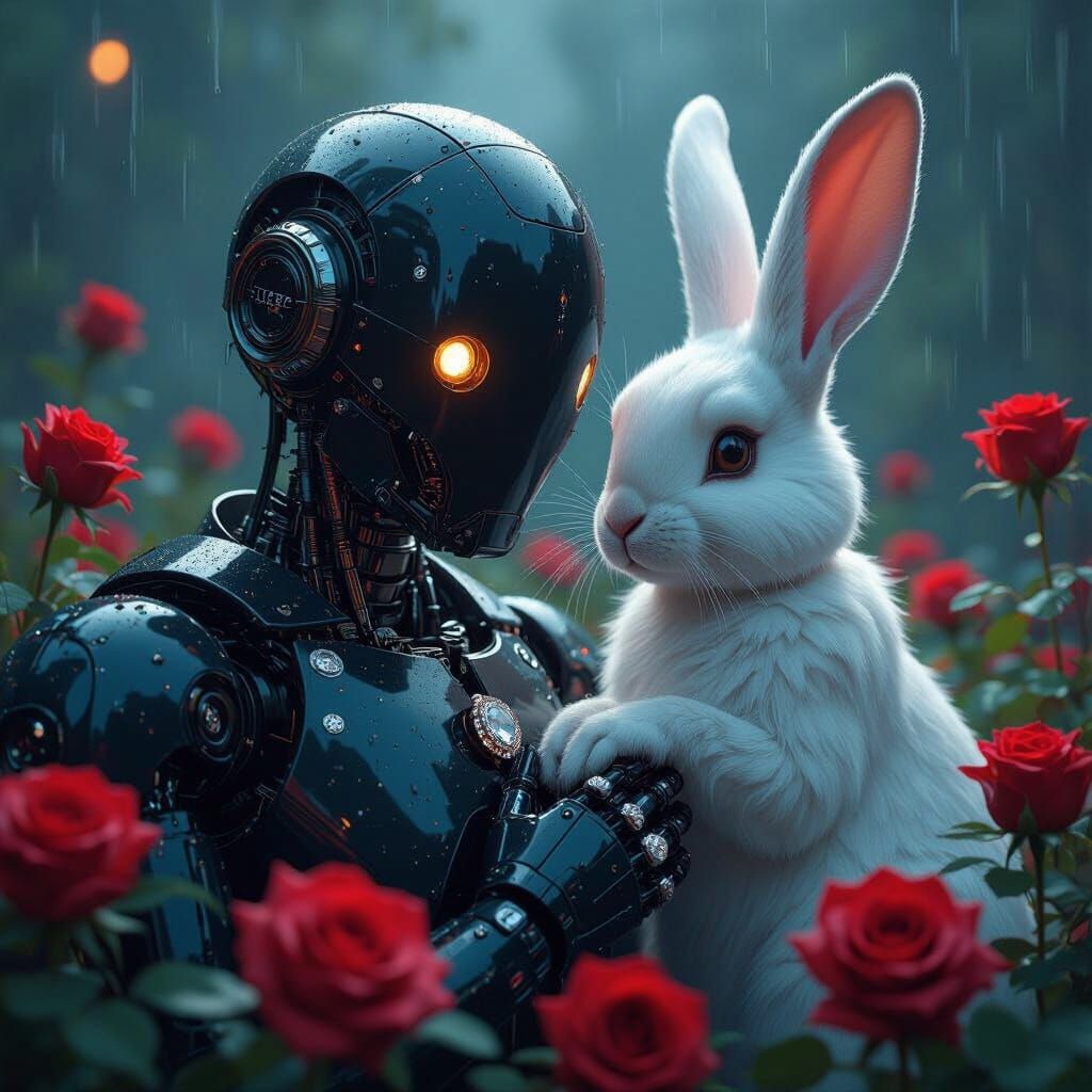 Robots and Rabbits with Rings in Rainy Fantasy Portrait