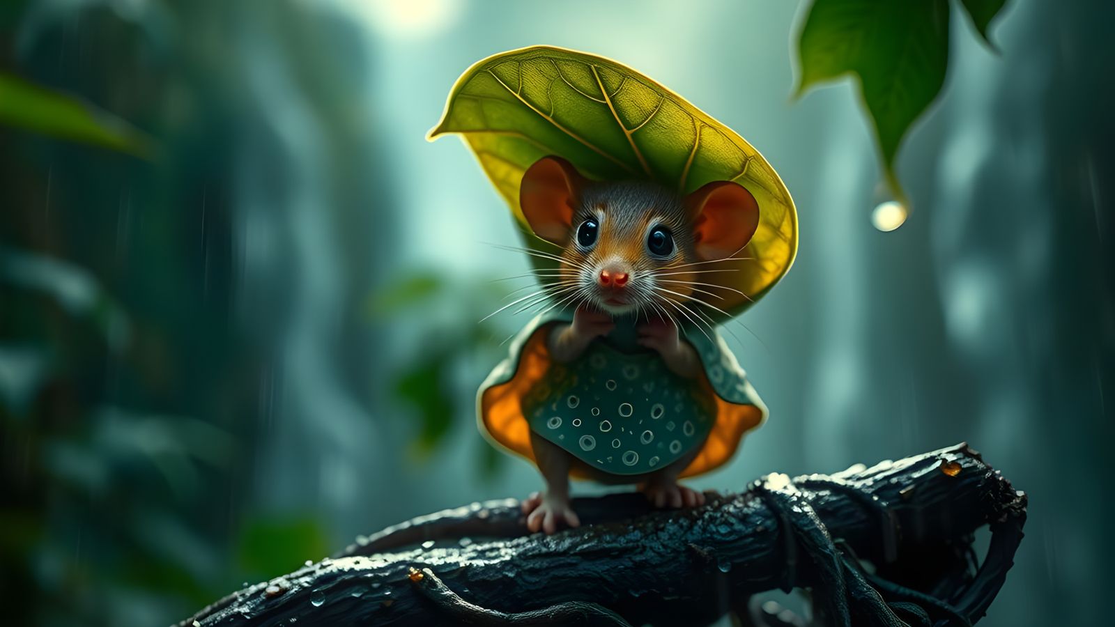 Mouse in Rainforest with Leaf Umbrella