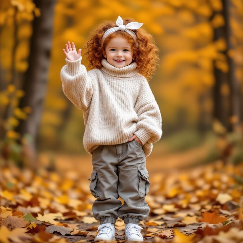 Cheerful Girl Waving in Autumn Forest