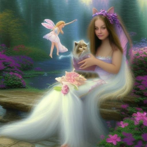 Fairy Girl with Cat in Ethereal Fantasy Style