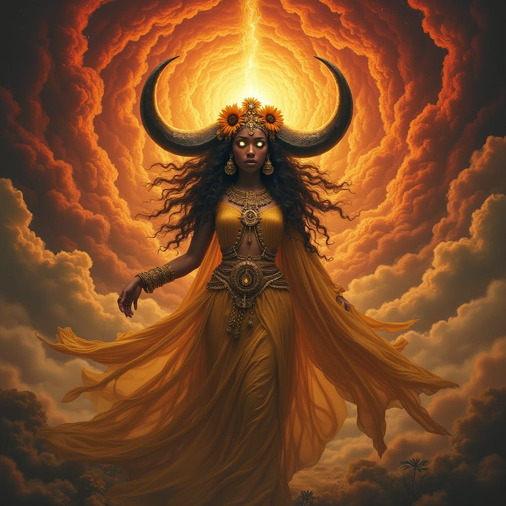 Majestic Goddess Iansã in Vortex of Crimson and Gold