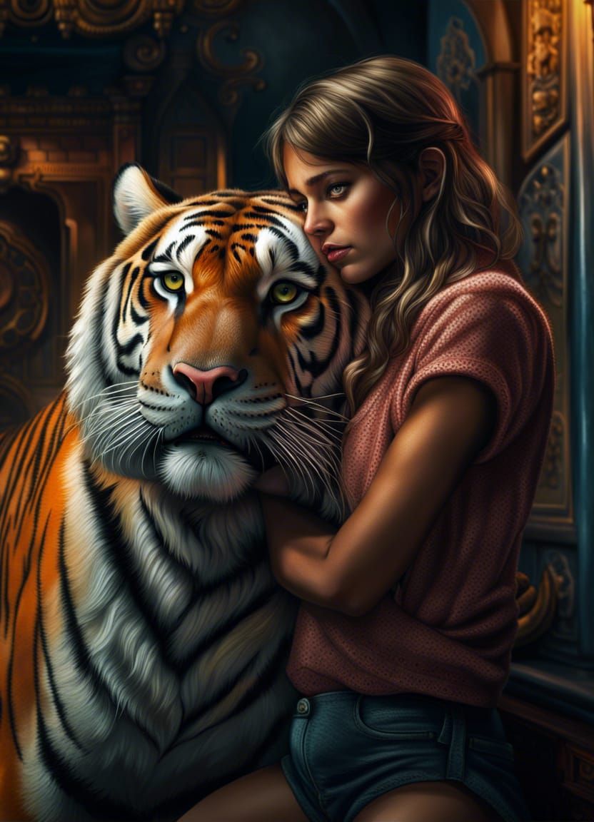 Hyperrealistic Image of Girl Hugging Confused Tiger