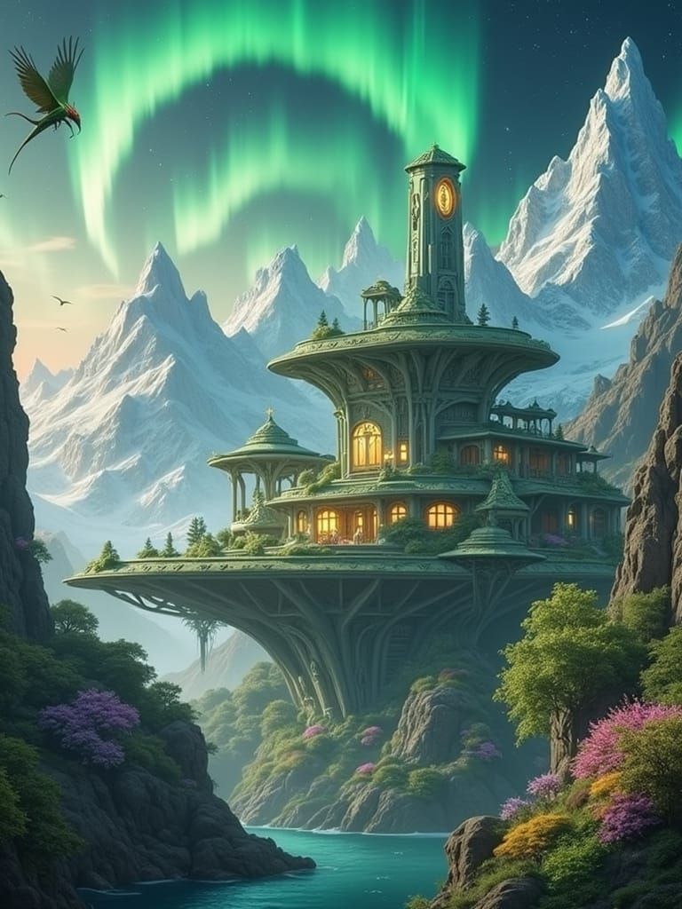 Ethereal Alien Cityscape Amidst Vibrant Aurora