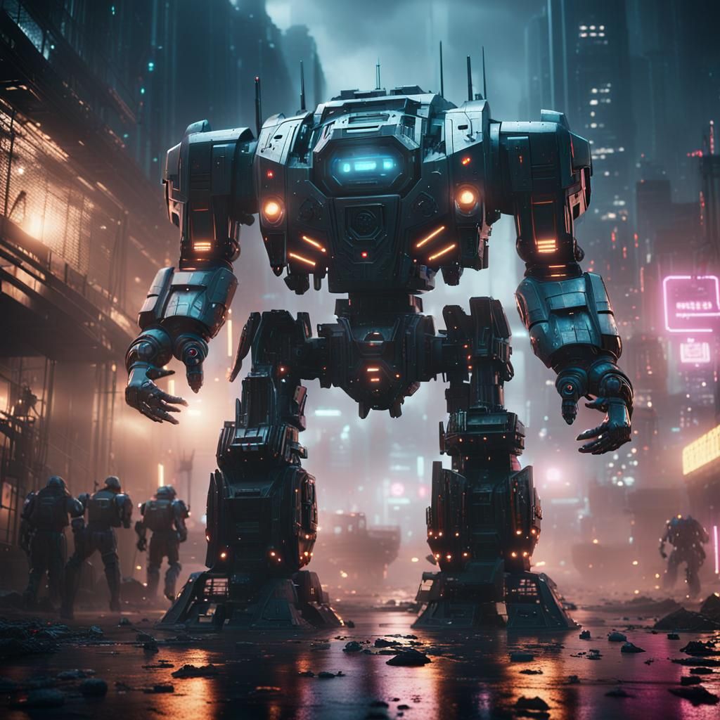 Epic Giant Battle Bot in Sci-Fi Cityscape