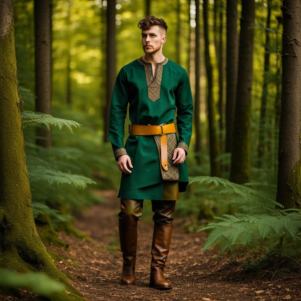 Unique forest wanderer outfit: forest green tunic, patterns inspired by Nordic folk, wide leather belt
