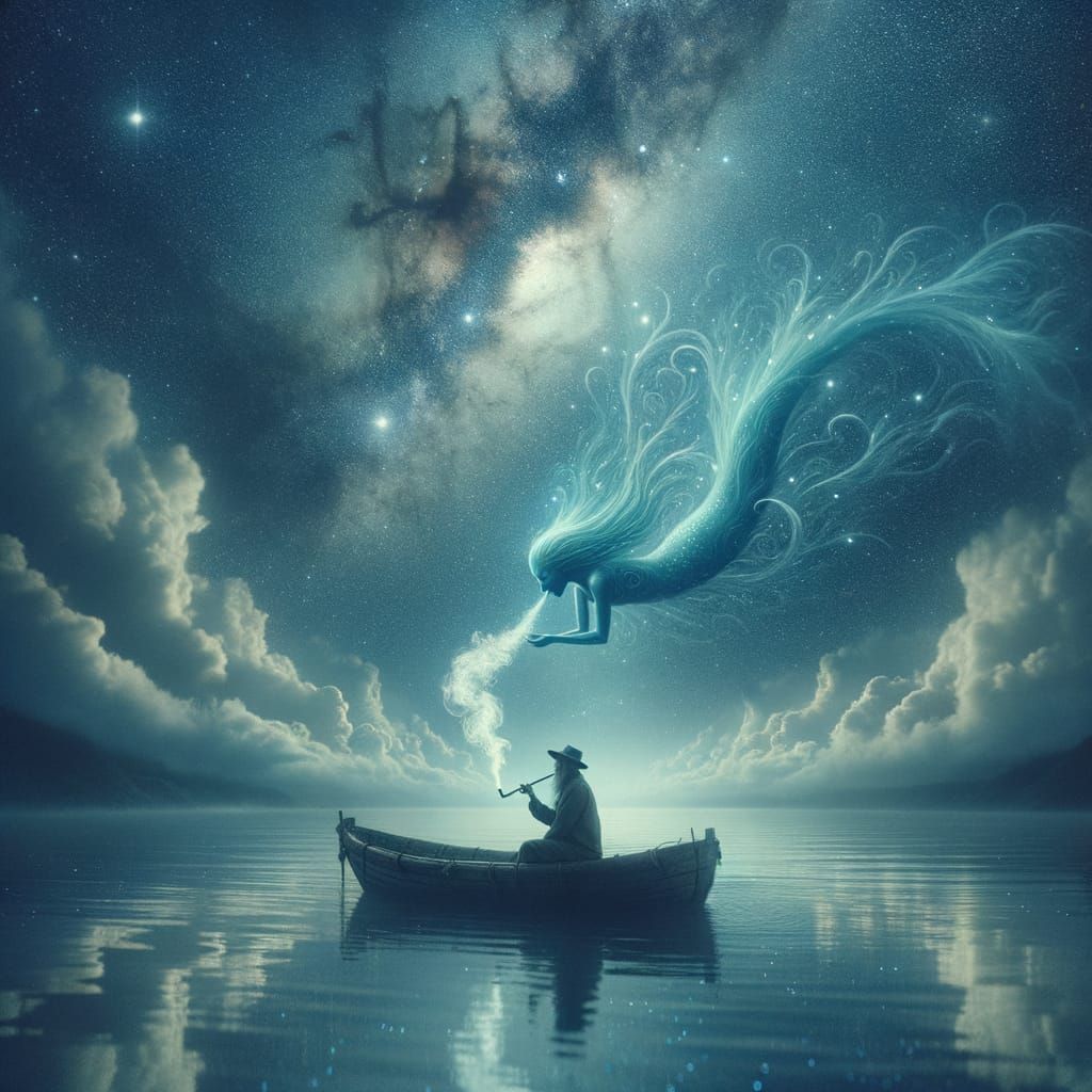 Fisherman Surrounded by Celestial Whispers on a Starlit Sea