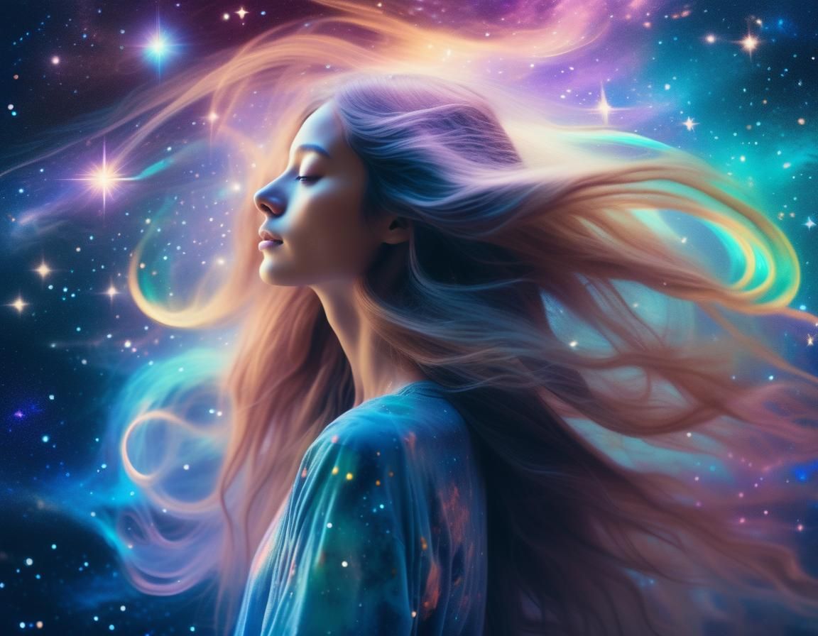 Cosmic Woman with Flowing Hair in Surreal Style