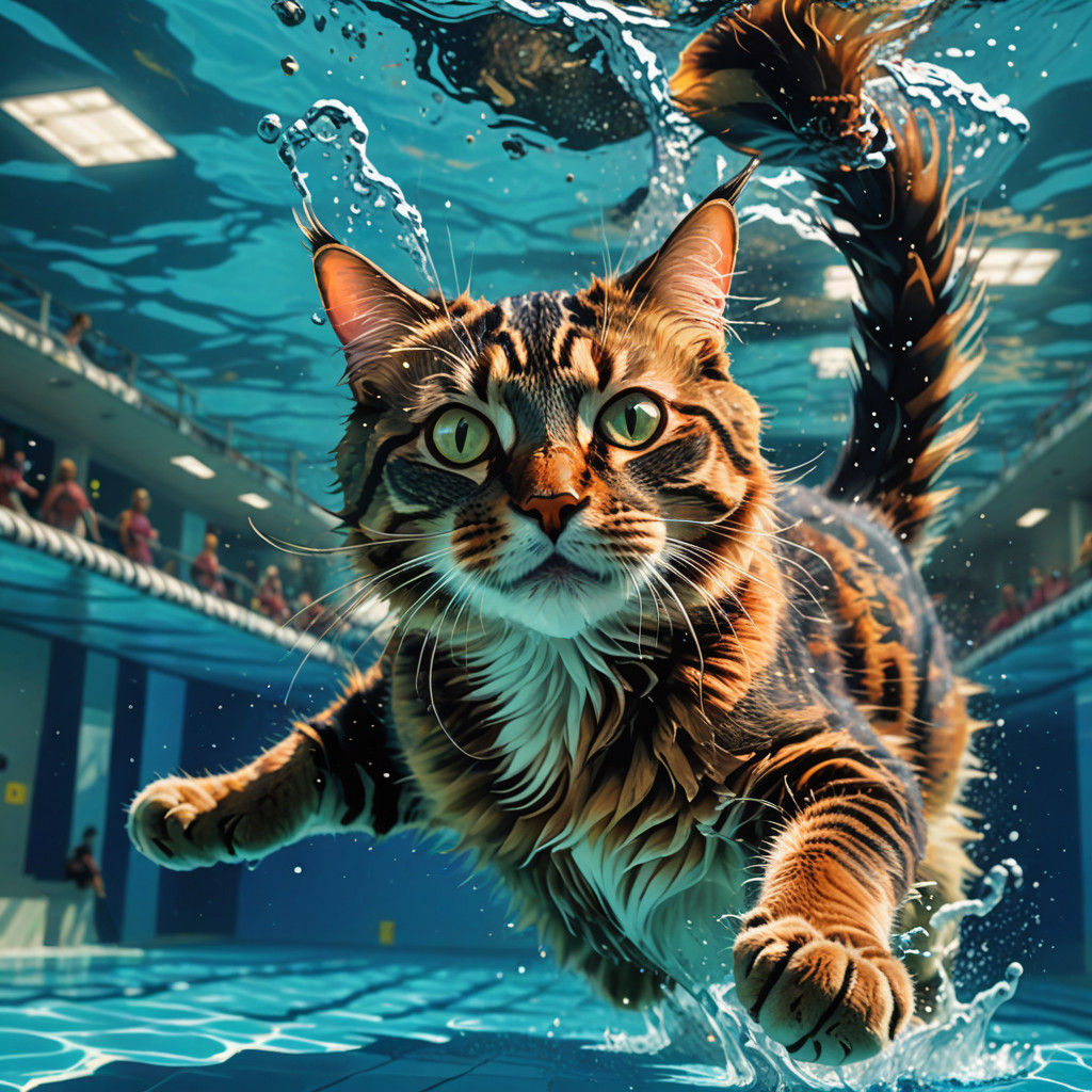 Athletic Feline Champion Dominates Olympic Pool in Vibrant D...
