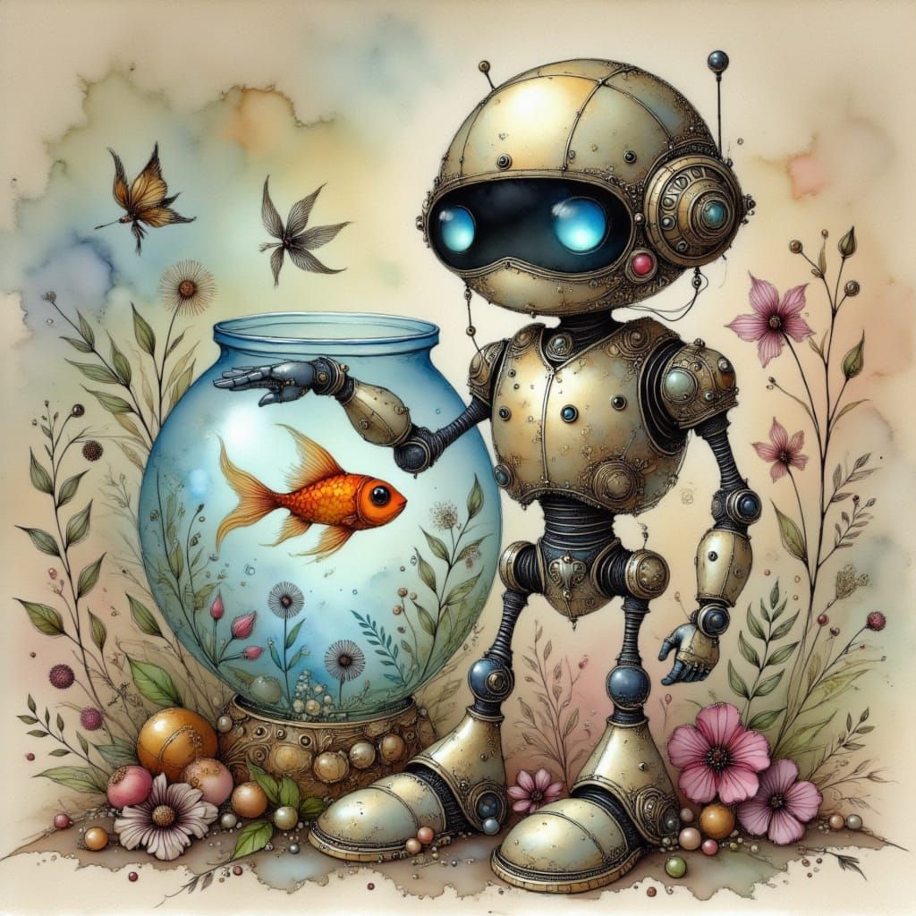 Cute Robot Holding a Fishbowl