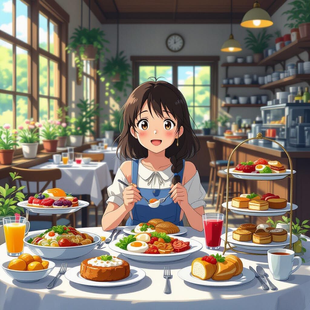 Hungry Girl at Lavish Buffet in Anime Style