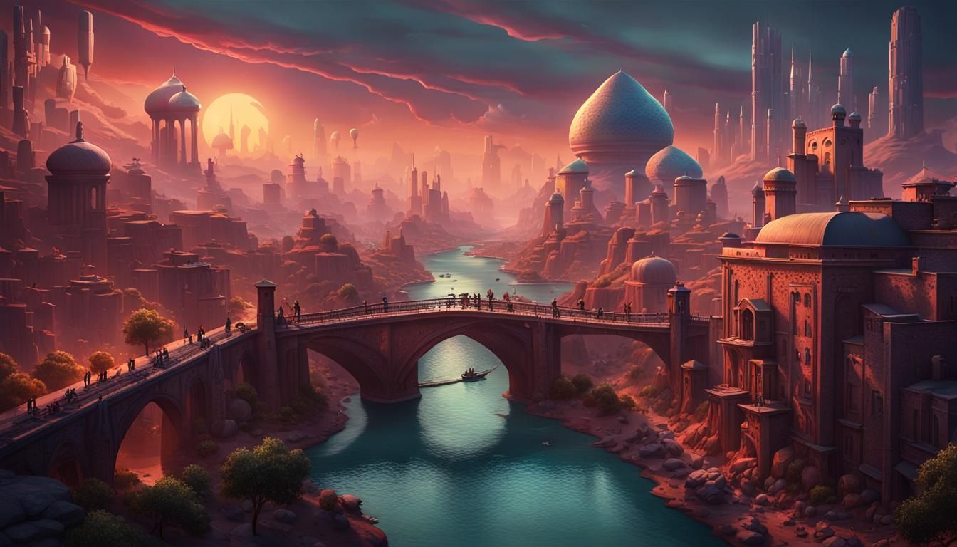 Apocalyptic Persian City with River as 3D Art