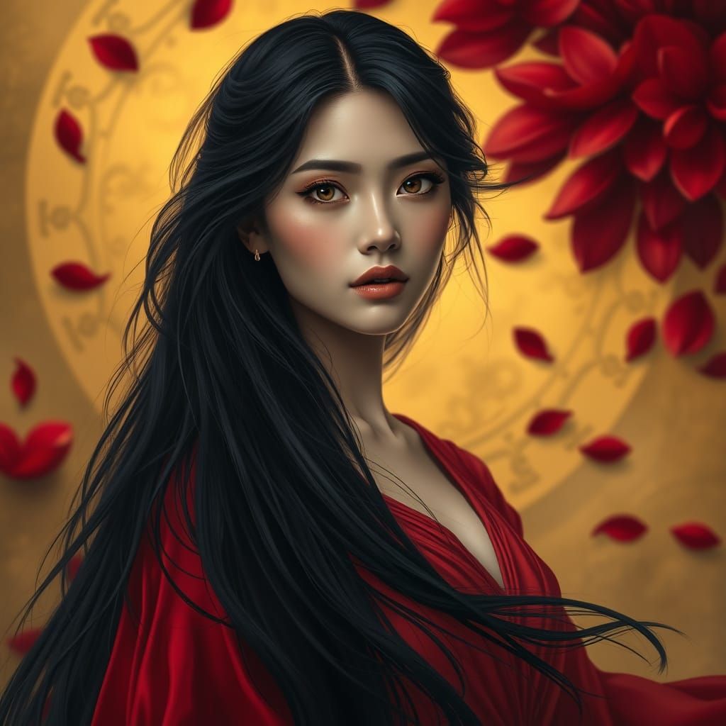 A striking portrait of a woman with long black hair, wearing a flowing red dress. Her gaze is captivating, set against a...
