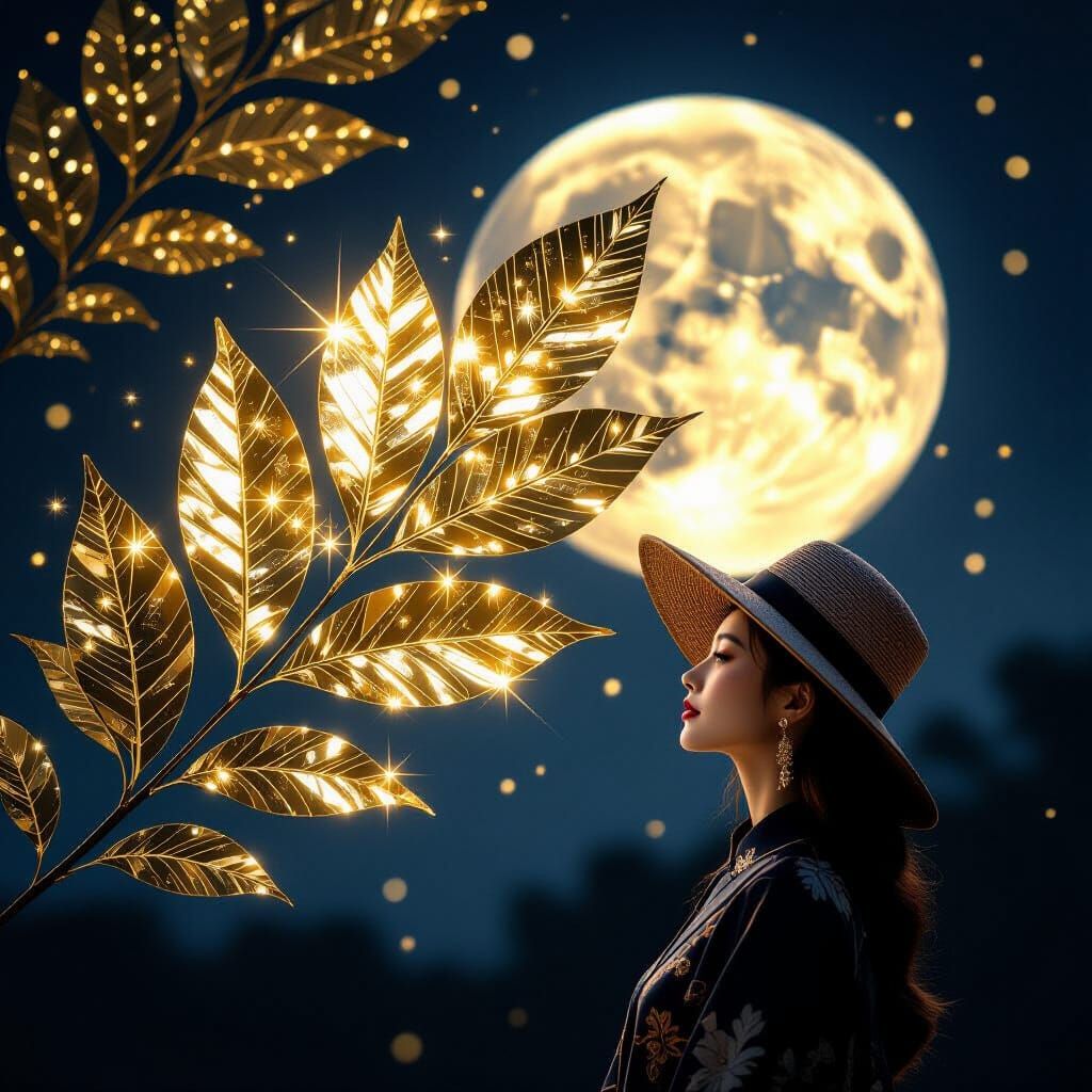 Mystical Golden Leaf Tree in Moonlit Night Photography