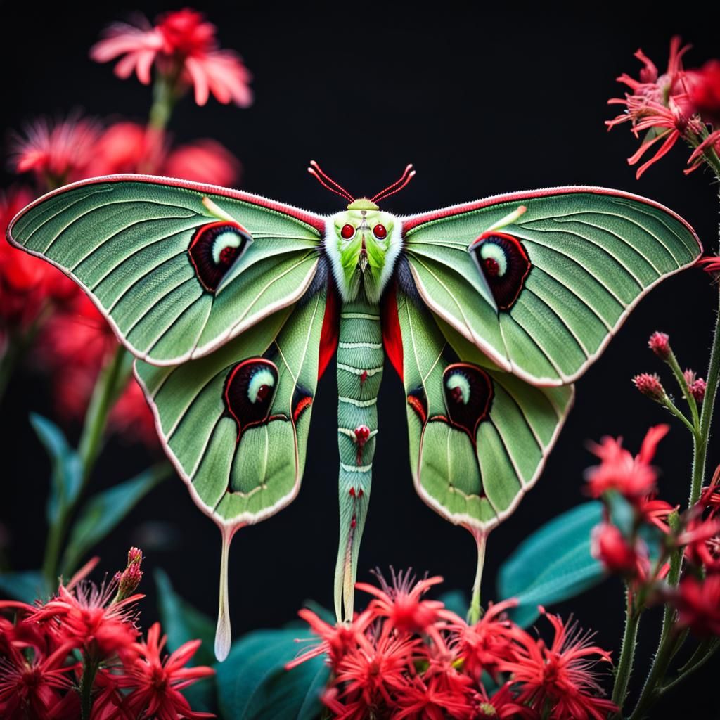 Luna Moth on Red Flowers: Macro Photography