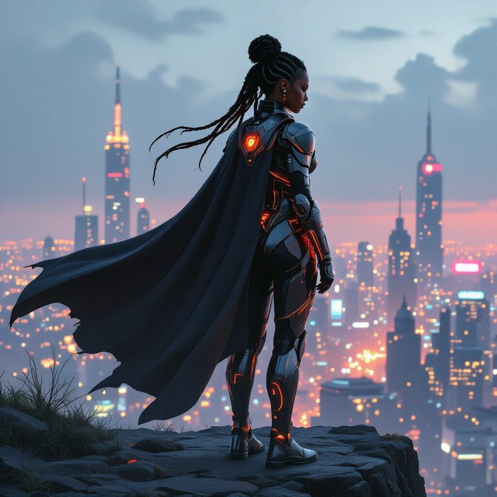 Cyberpunk Warrior Queen Overlooks Neon Cityscape