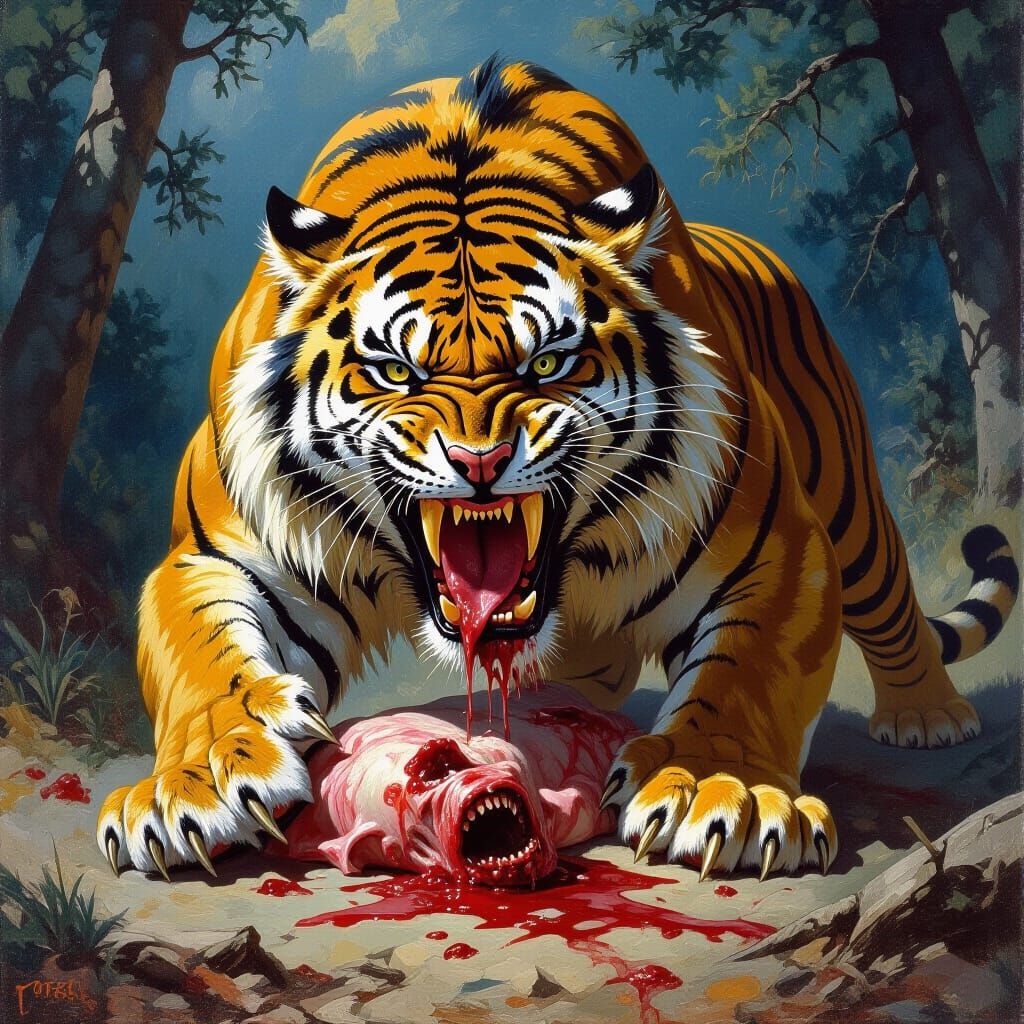 Sabertooth Tiger Attack in Dramatic Horror Style
